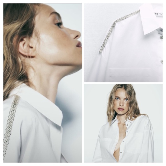 Zara Tops - Zara Silver Metallic Beaded Shoulders White Cotton Button-Up Blouse | XL